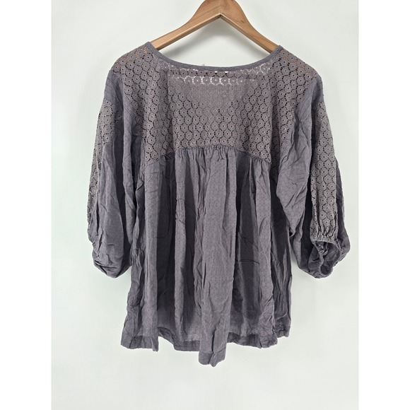 Free People Bohemian Lace Trim Blouse Size XS Grey Purple Moon River Top Boho - Picture 3 of 5
